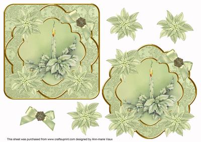 Single Candle Olive Poinsettia Fancy Decoupage Topper