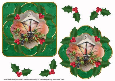 Christmas Lantern Green Holly Fancy Decoupage Topper