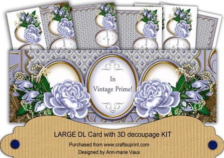 Blue Roses in Vintage Prime Large Dl Decoupage Card Kit