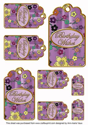 Lilac Painted Coloured Cherry Blossom Birthday Tag Sheet