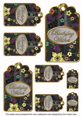 Black Painted Coloured Cherry Blossom Birthday Tag Sheet