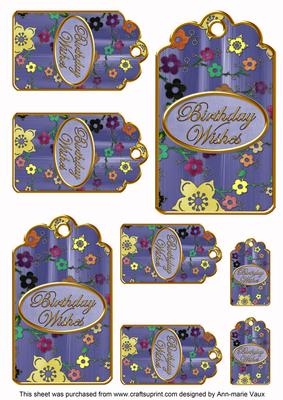 Blue Painted Coloured Cherry Blossom Birthday Tag Sheet