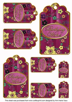 Cerise Painted Coloured Cherry Blossom Birthday Tag Sheet
