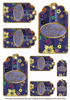 Dblue Painted Coloured Cherry Blossom Birthday Tag Sheet