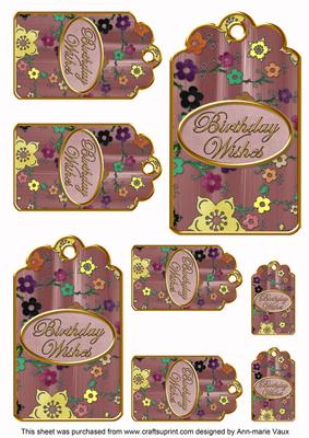Dpink Painted Coloured Cherry Blossom Birthday Tag Sheet