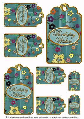 Dteal Painted Coloured Cherry Blossom Birthday Tag Sheet