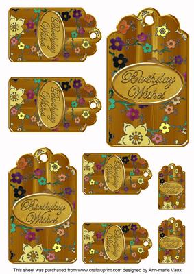 Gold Painted Coloured Cherry Blossom Birthday Tag Sheet