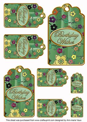 Mid Green Painted Colour Cherry Blossom Birthday Tag Sheet