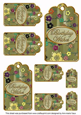 Olive Painted Colour Cherry Blossom Birthday Tag Sheet