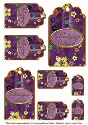 Purple Painted Colour Cherry Blossom Birthday Tag Sheet