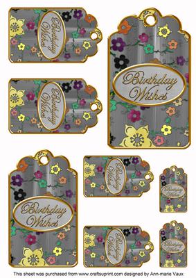 Silver Painted Colour Cherry Blossom Birthday Tag Sheet