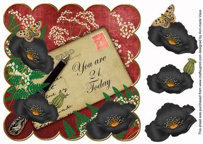 Black Red Poppy 21 Today 8in Scallop Decoupage Topper