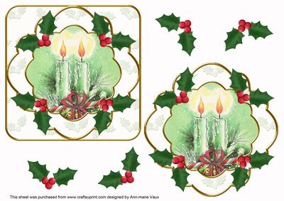 Mint Candle Duo Holly Fancy Decoupage Topper