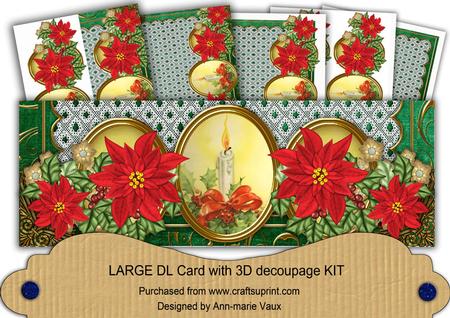 Red Poinsettia Candle Green Large Dl Decoupage Card Kit