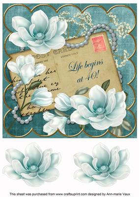 Teal Magnolia Life Begins at 40! 8in Decoupage Topper
