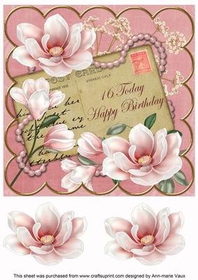 Pink Magnolia 16 Today 8in Decoupage Topper