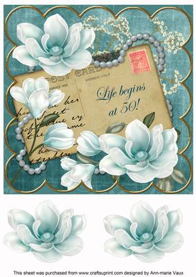Teal Magnolia Life Begins at 50! 8in Decoupage Topper