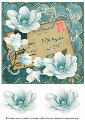 Teal Magnolia Life Begins at 60! 8in Decoupage Topper