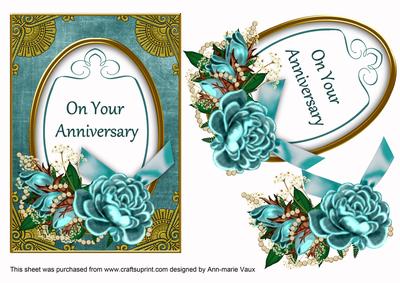 Teal Rose on Your Anniversary Oval 7x5in Decoupage Topper