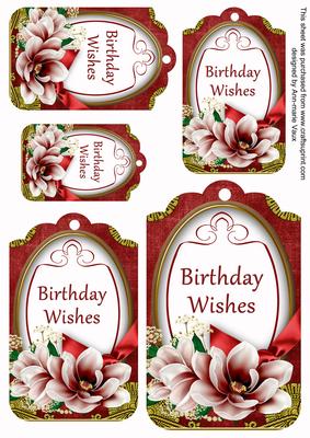 Red Magnolia Birthday Wishes Sentiment Tag Sheet