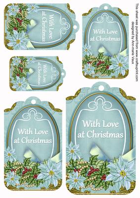 Pastel Teal Poinsettia Love at Christmas Sentiment Tag Sheet