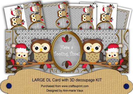 Silver Christmas Owls Have a Tooting Time! Large Dl Card Kit