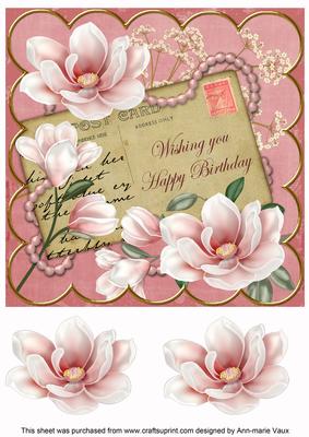 Pink Magnolia Happy Birthday Quick 8in Decoupage Topper