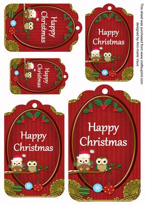 Red Christmas Owls Happy Christmas Tag Sheet