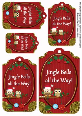 Red Christmas Owls Jingle Bells Sentiment Tag Sheet