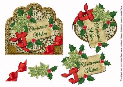 Olive Poinsettia Christmas Wishes Scallop Decoupage Topper