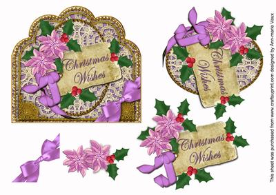 Lilac Poinsettia Christmas Wishes Scallop Decoupage Topper
