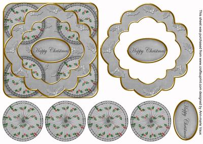 Silver Holly Happy Christmas 3D Rosette Decoupage Topper
