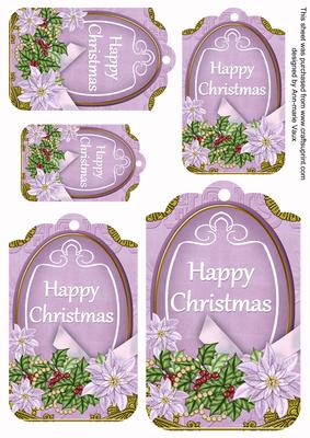 Pastel Lilac Poinsettia Happy Christmas Sentiment Tag Sheet
