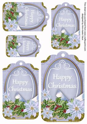 Pastel Blue Poinsettia Happy Christmas Sentiment Tag Sheet
