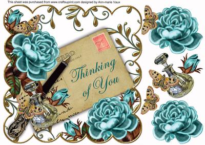 Teal Roses Thinking of You Ink Saver 8in Step by Step