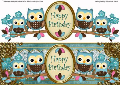 Blue2 Owls Happy Birthday Large Dl Decoupage Topper