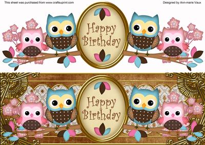 Pink Blue Owls Happy Birthday Large Dl Decoupage Topper