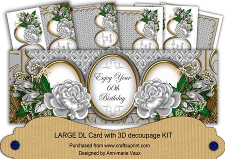 Silver Rose 60th Birthday Large Dl Decoupage Card Kit