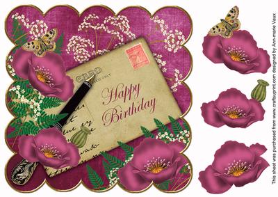 Cerise Poppy Happy Birthday 8in Decoupage Topper