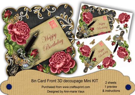 Pink Roses Blk Happy Birthday 8in Scallop Decoupage Mini Kit