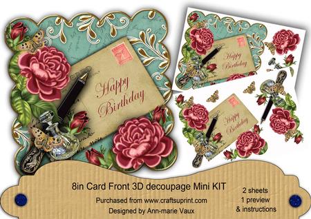 Dpink Roses Teal Happy Birthday 8in Scall Decoupage Mini Kit