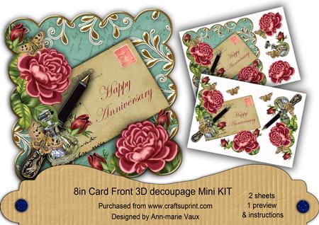 Dpink Roses Teal Happy Anniversary 8in Decoupage Mini Kit
