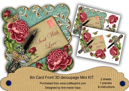 Dpink Roses Teal Sent with Love 8in Decoupage Mini Kit