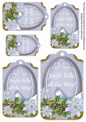 Pastel Blue Poinsettia Jingle Bells Tag Embellishment Sheet