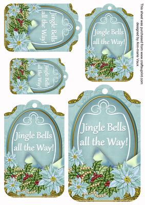 Pastel Teal Poinsettia Jingle Bells Tag Embellishment Sheet