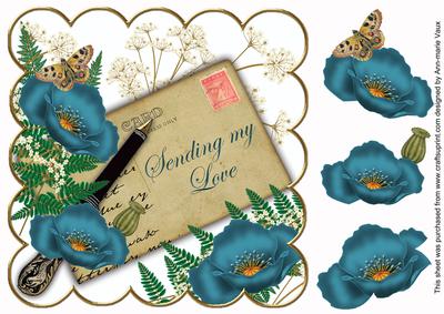 Teal Poppy Sending My Love 8in Decoupage Topper