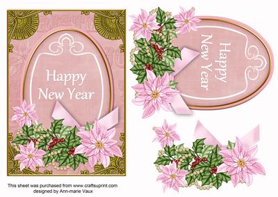Pink Poinsettia Happy New Year 7x5in Oval Step by Step