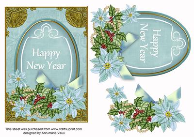 Teal Poinsettia Happy New Year 7x5in Oval Step by Step