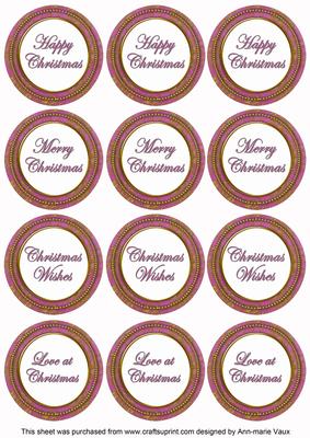 Cerise Goldflake Christmas Mix1 Sentiment Round Toppers