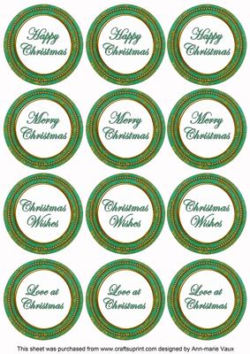 Dark Green Goldflake Christmas Mix1 Sentiment Round Toppers
